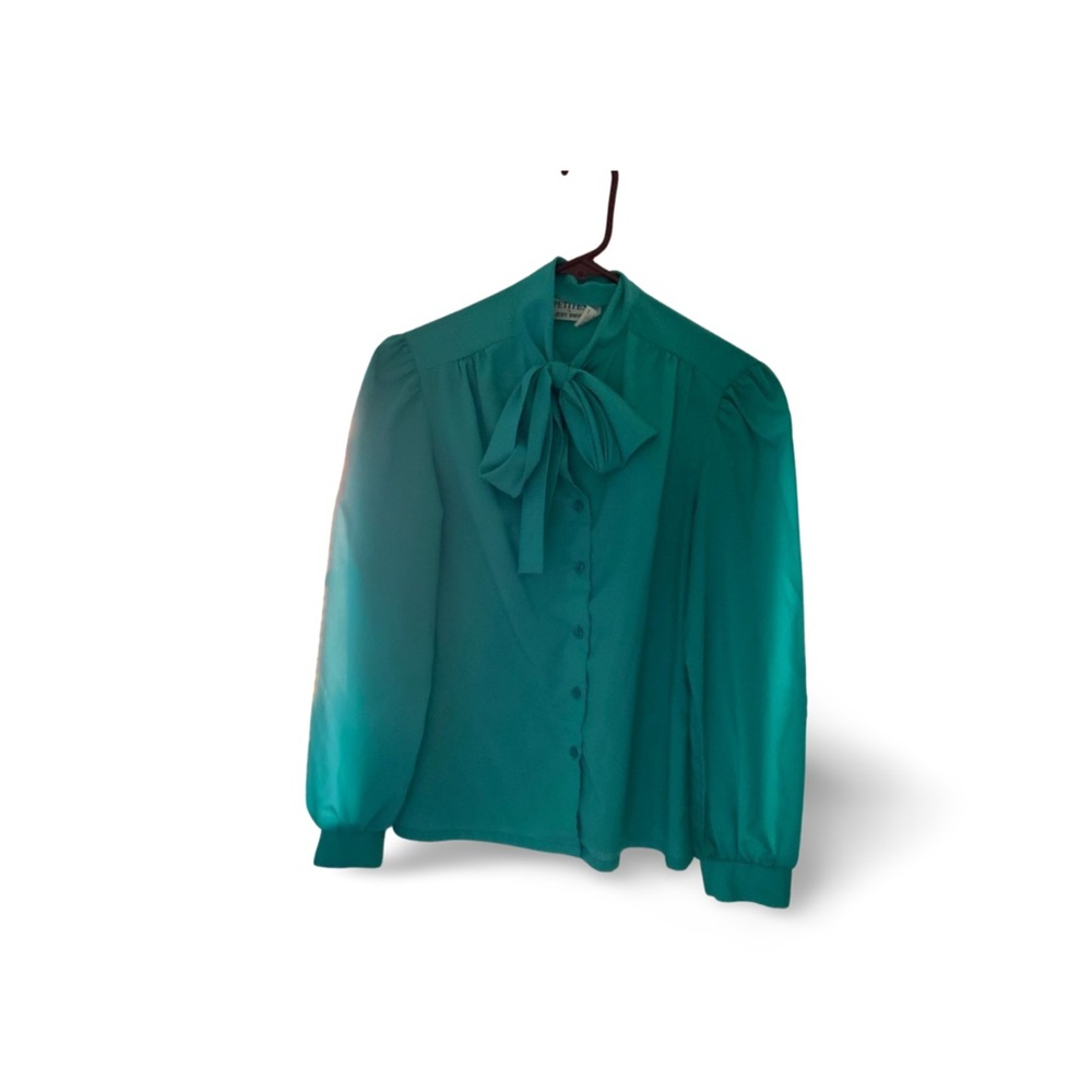 Judy Bond Vintage Teal 9-to-5 Bow Tie Blouse | Retro Office Chic | Sz 6P